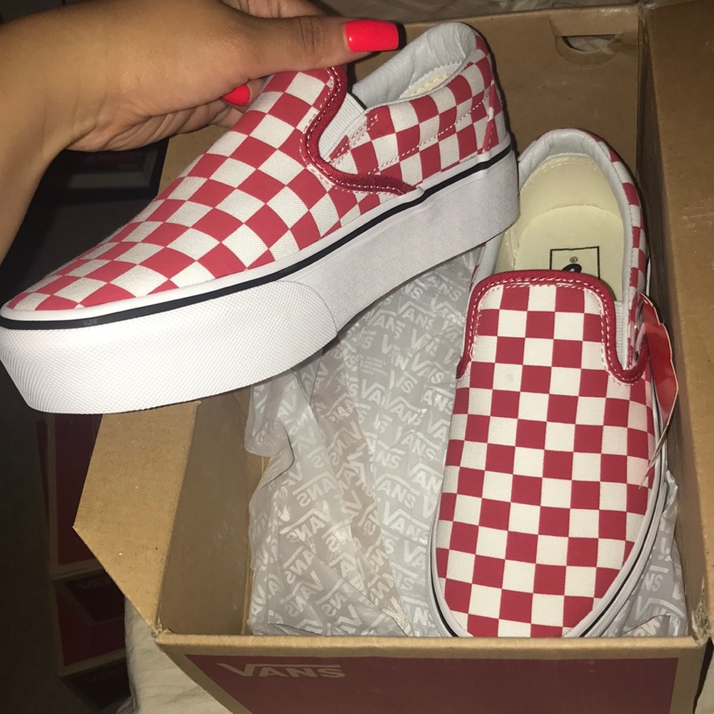Red slip on platform vans